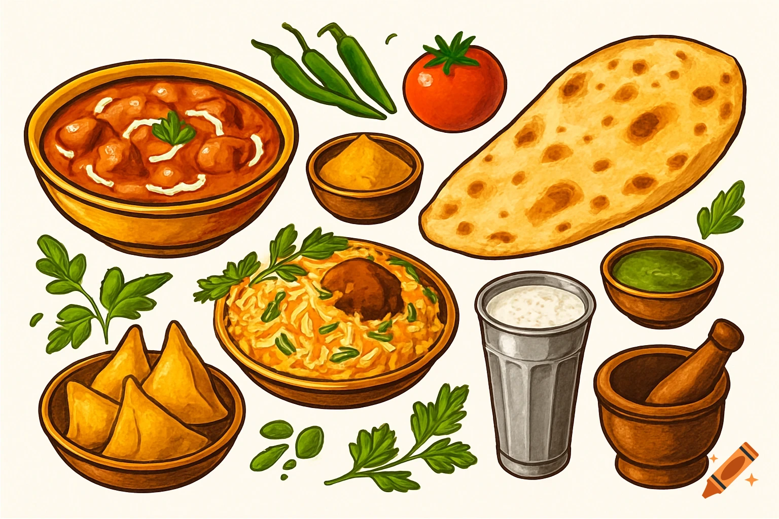 Illustration of Indian food including butter chicken, naan, biryani, samosas, chutney, lassi, chili peppers, and a tomato.