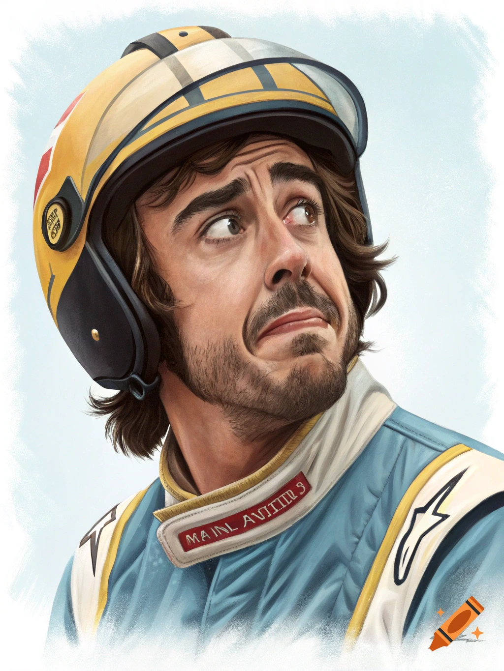 A close-up caricature of Formula 1 driver Fernando Alonso, wearing a yellow racing helmet and blue racing suit, with a comically skeptical expression.