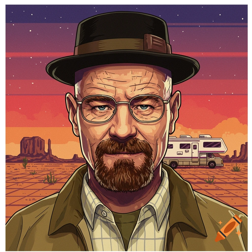 An illustration of Walter White as Heisenberg, wearing a black hat and glasses, with an RV and desert landscape in the background.
