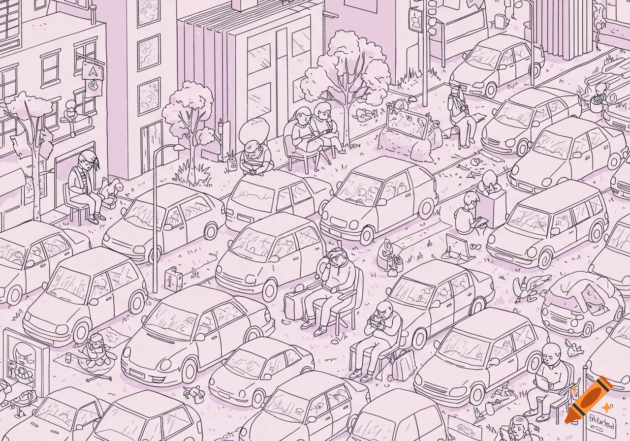 A line art illustration of a very crowded urban street with many cars and people sitting on chairs amidst traffic, in a pastel purple tone.