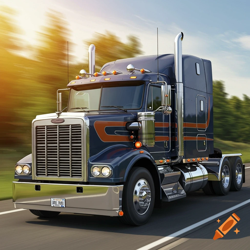 A dark blue semi-truck with orange stripes drives on a road with motion blur, under a bright, sunny sky.