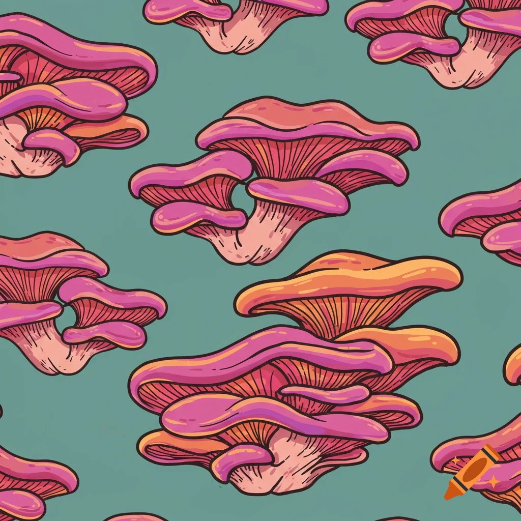 A seamless pattern of vibrant pink and orange cartoon oyster mushrooms against a teal background.