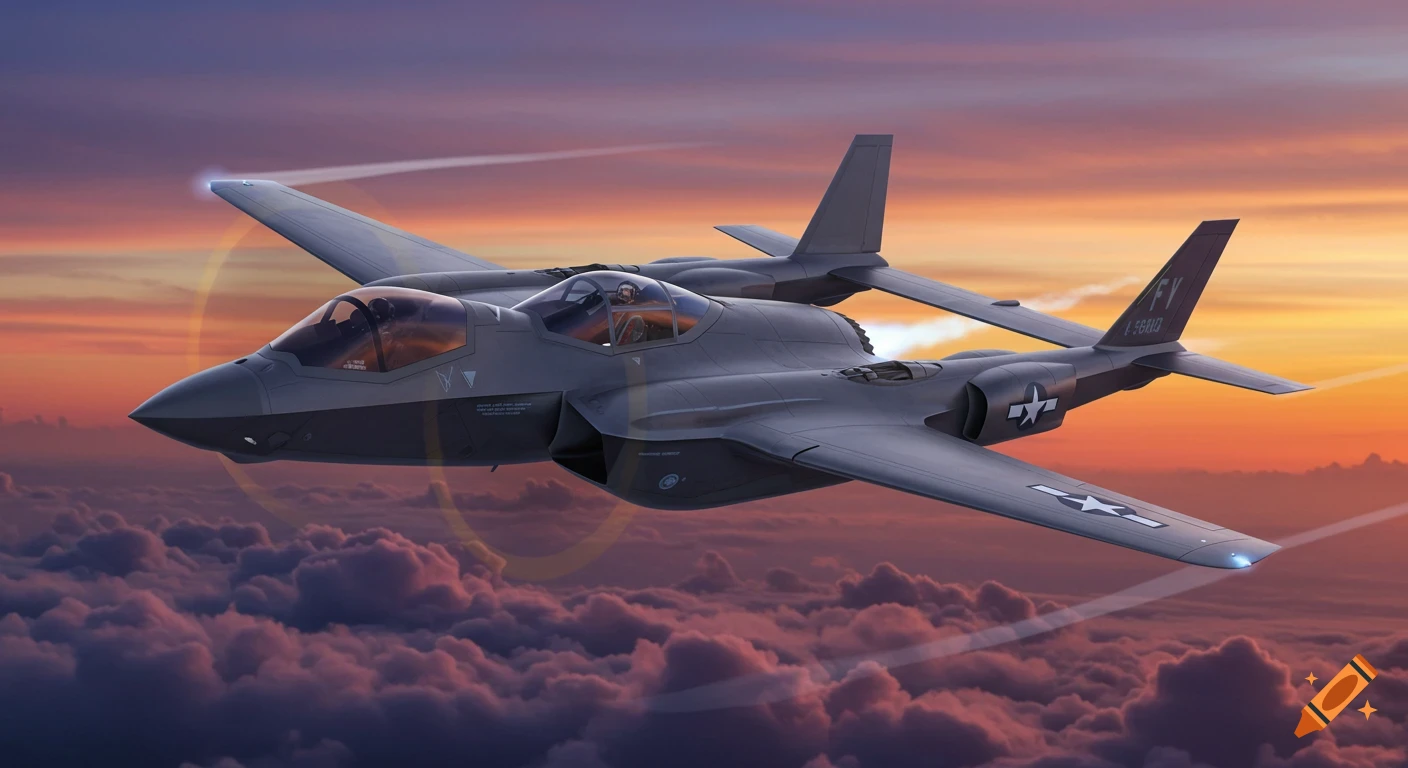 A dark, futuristic hybrid fighter jet with twin booms and a central nacelle soars through clouds at sunset, leaving a vapor trail.