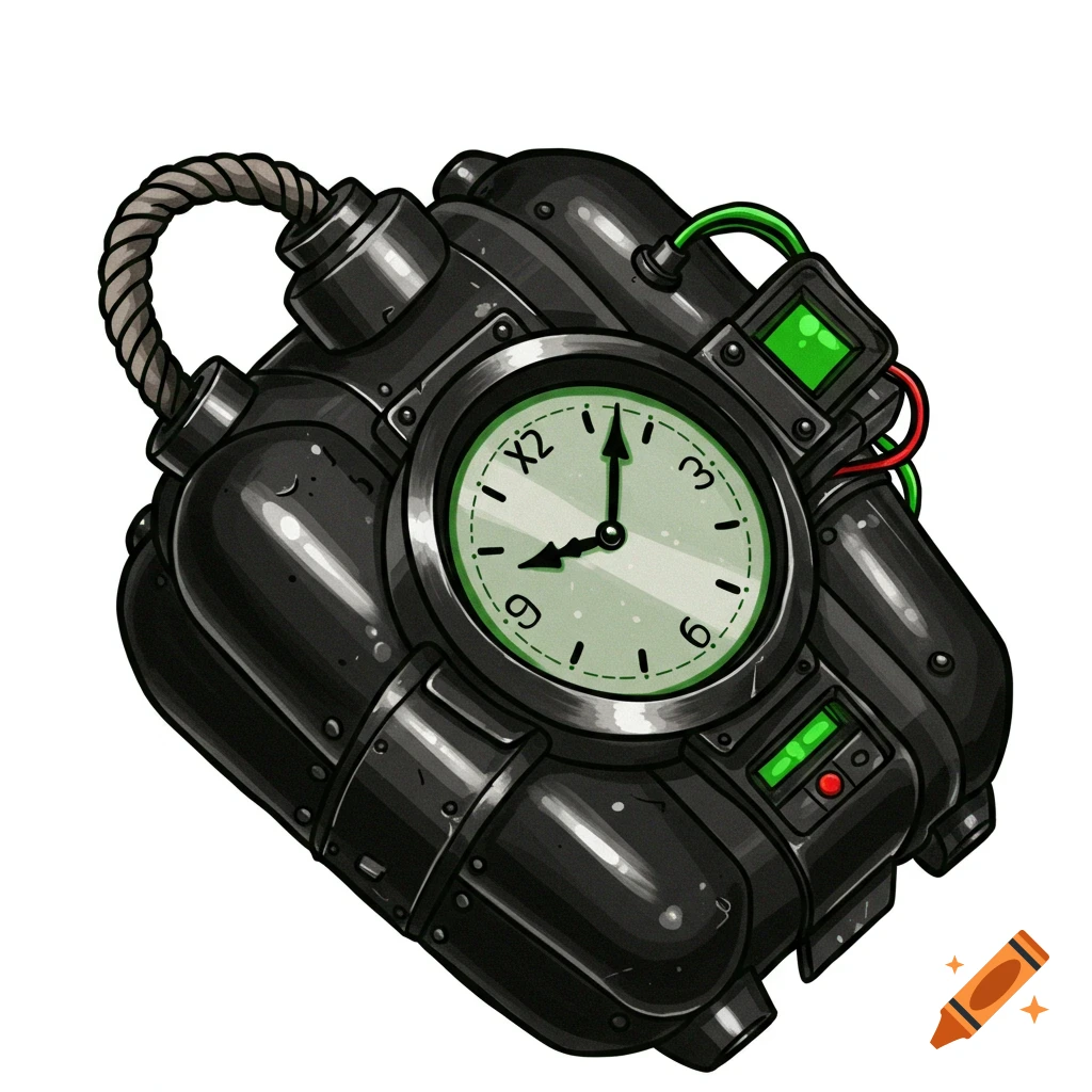 An illustration of a black time bomb with a green clock face and green lights, set against a white background.