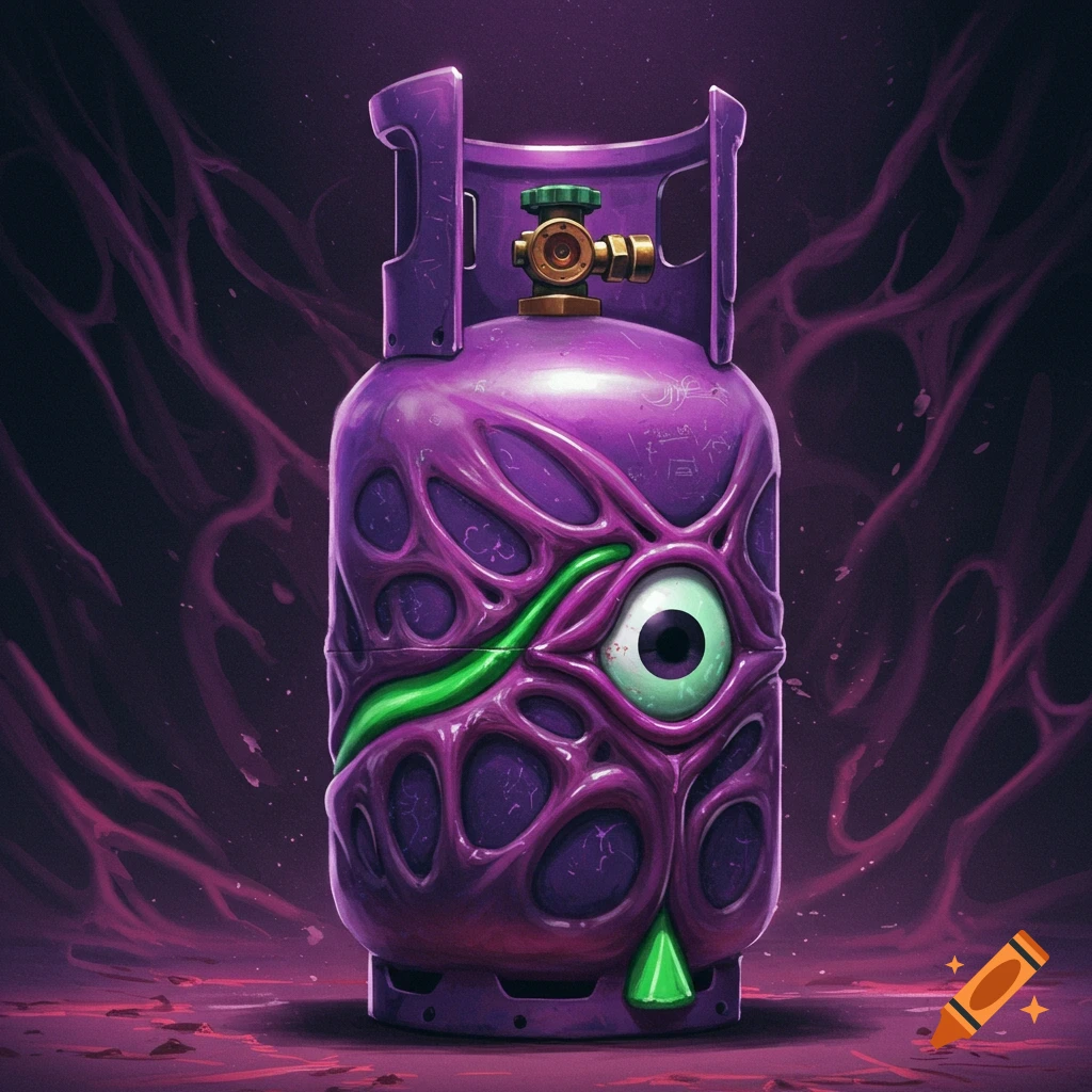 A purple propane tank with organic, vein-like textures, featuring a large green eye on its side, against a dark purple background with tendrils.