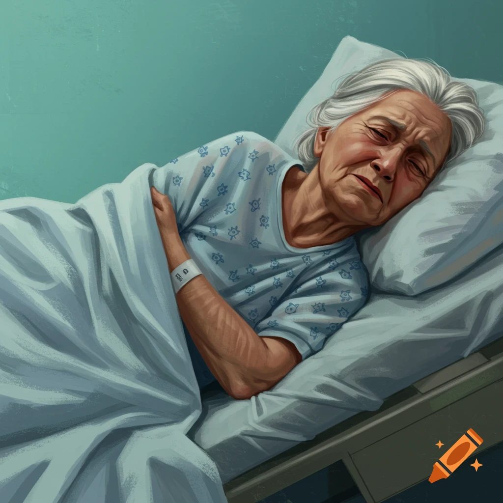 An elderly woman with gray hair lies in a hospital bed, eyes closed, looking distressed. She wears a hospital gown and has a wristband on her arm.