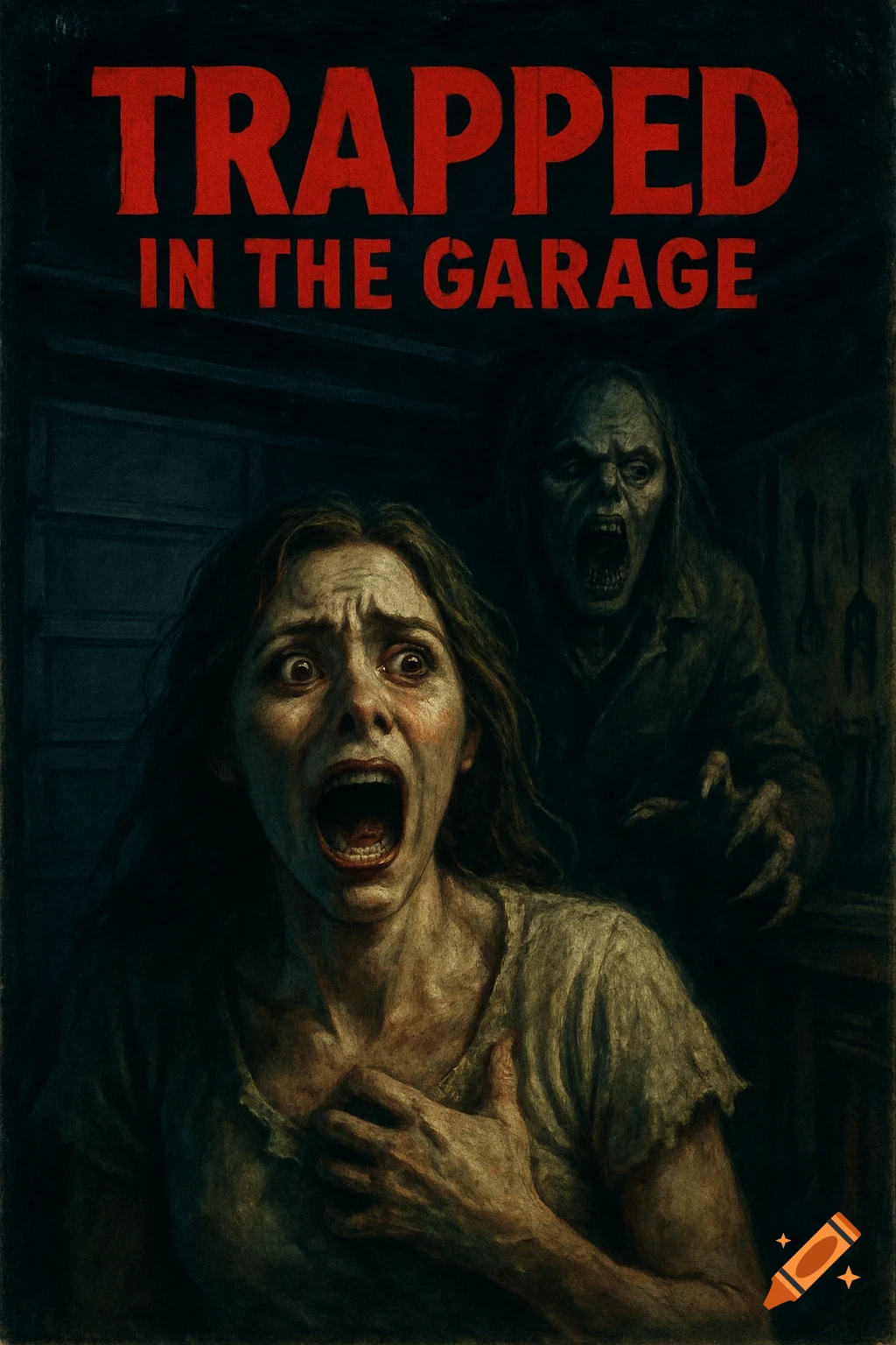 Horror movie poster showing a screaming woman, a creature, and the title 'TRAPPED IN THE GARAGE' in a dark setting.