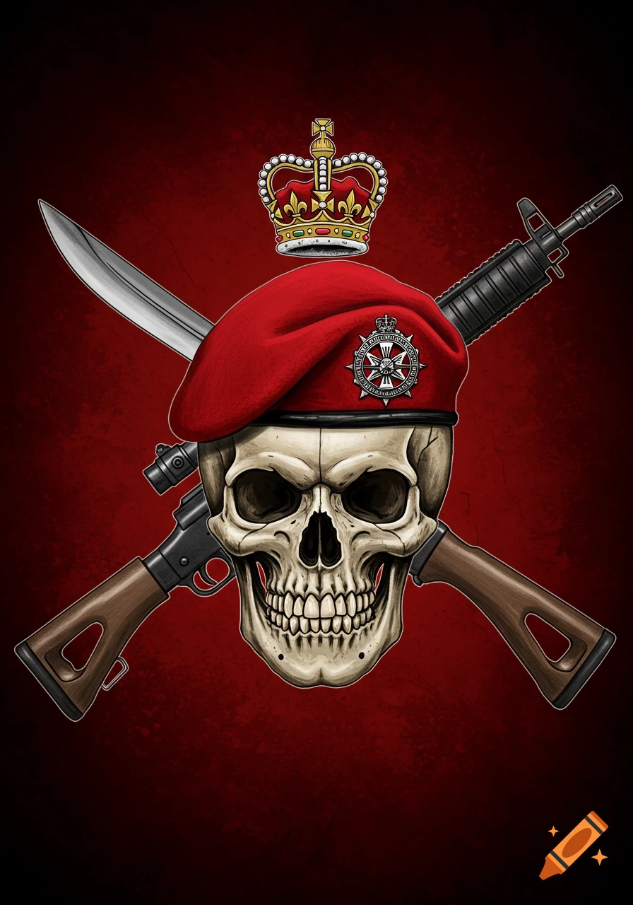 A stylized illustration of a human skull wearing a red beret with a military emblem, crossed with a kukri knife and a rifle, all under a golden crown on a red background.