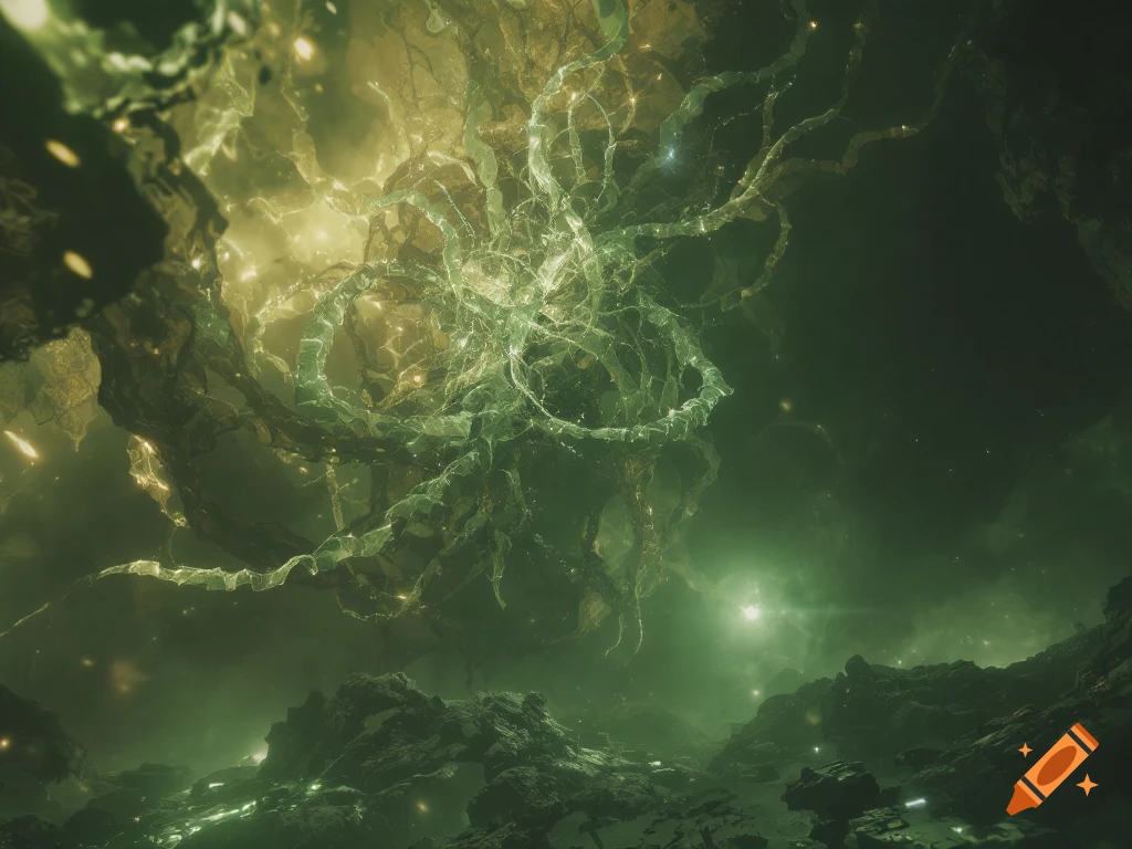 An abstract, otherworldly landscape with glowing, translucent, root ...