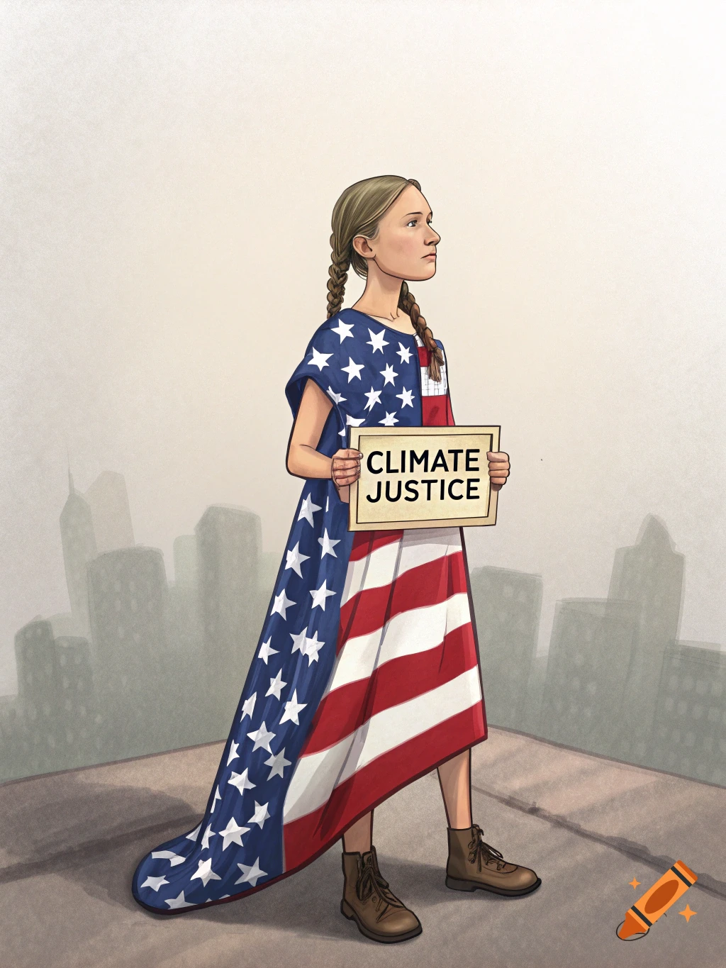 An illustration of a young girl resembling Greta Thunberg wearing an American flag dress and holding a 'Climate Justice' sign against a city skyline.