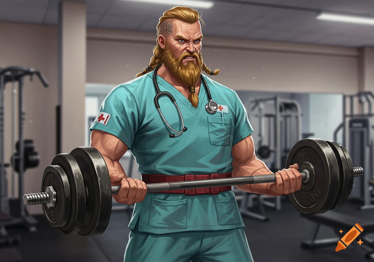 A muscular man with a braided Viking beard and mustache, wearing teal scrubs and a stethoscope, lifts a heavy barbell in a gym. He has a determined expression.