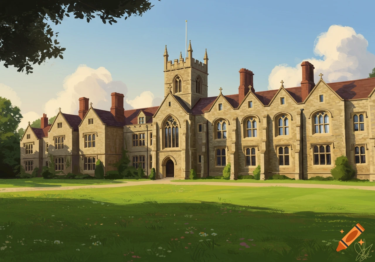 Illustrative view of a grand stone college building with a central tower and red roofs, set amidst a large green lawn under a sunny sky.