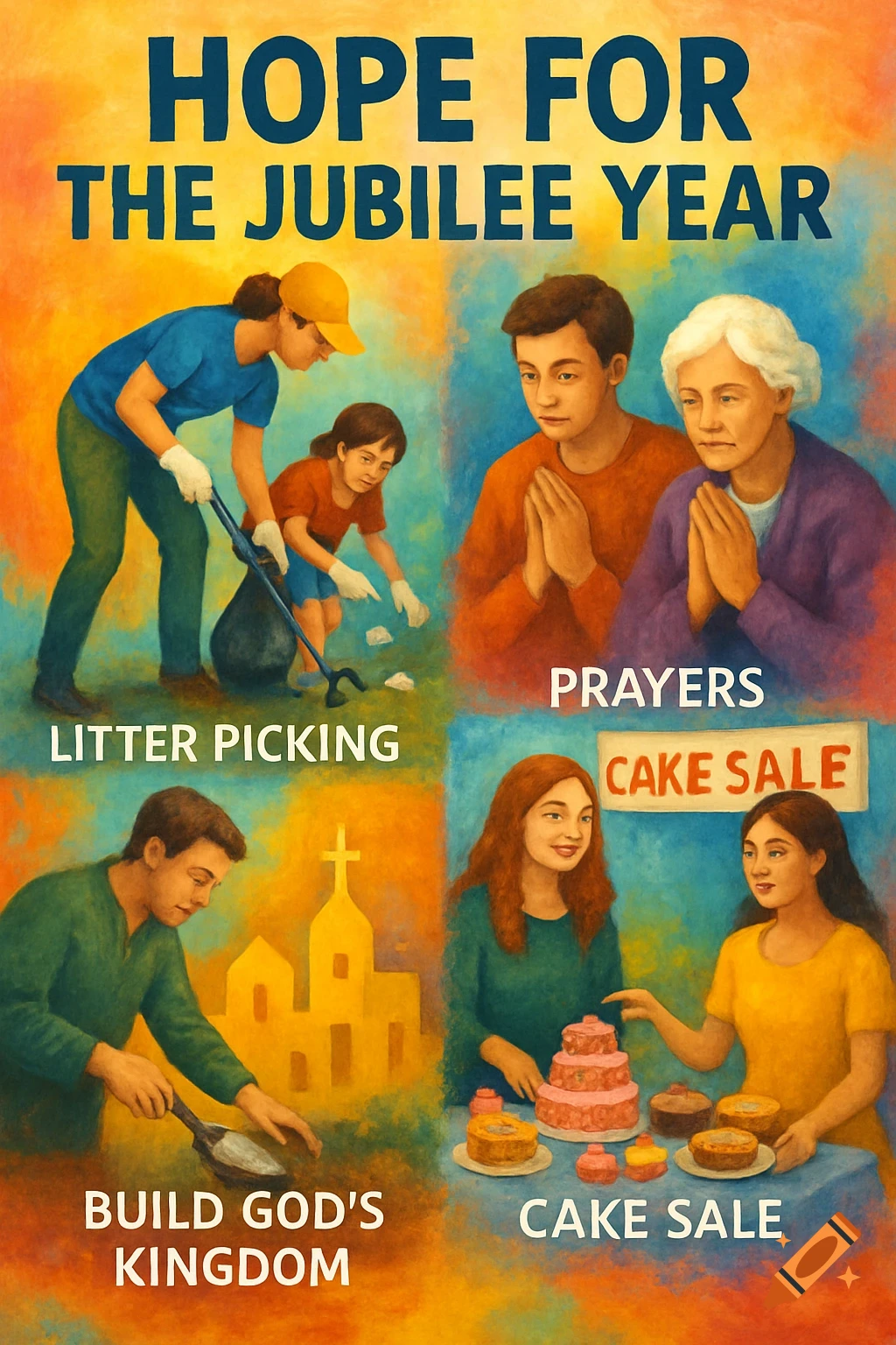 A colorful poster promoting community activities: litter picking, prayers, building God's kingdom, and a cake sale, for a Jubilee Year.