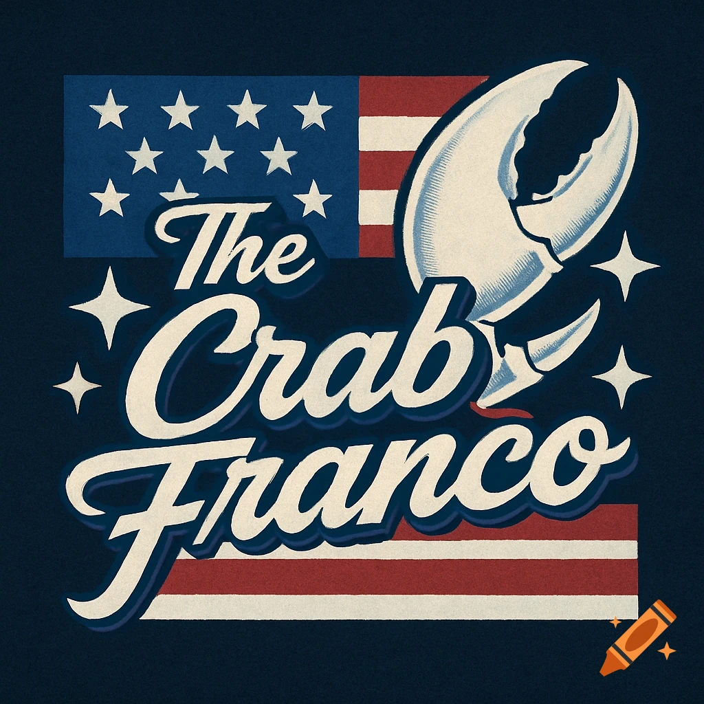Logo featuring 'The Crab Franco' text, a crab claw, and a partial American flag in a retro style.