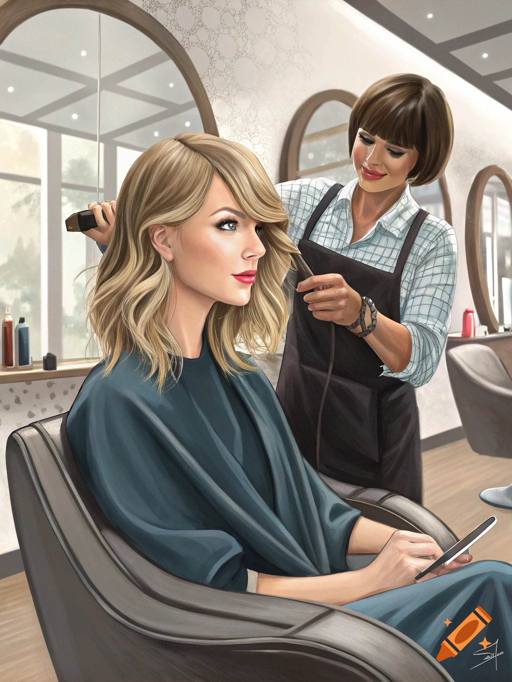 Illustration of Taylor Swift getting her hair styled by a hairdresser in a salon.