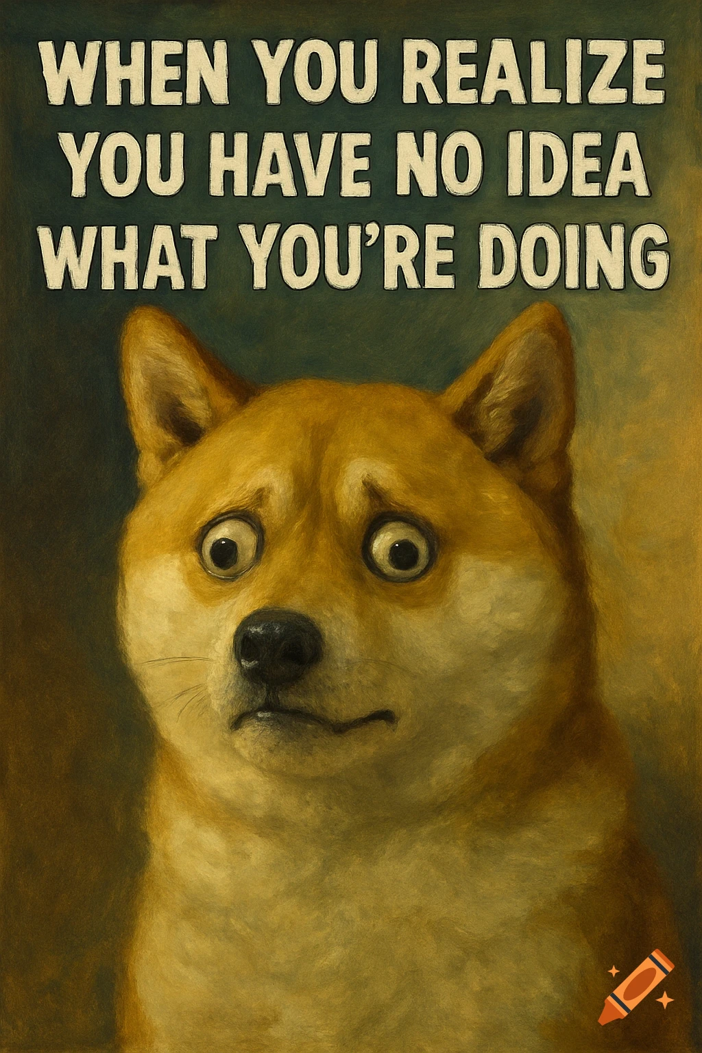 A worried Doge-like dog with wide eyes under the text 'WHEN YOU REALIZE YOU HAVE NO IDEA WHAT YOU'RE DOING' in a painterly style.