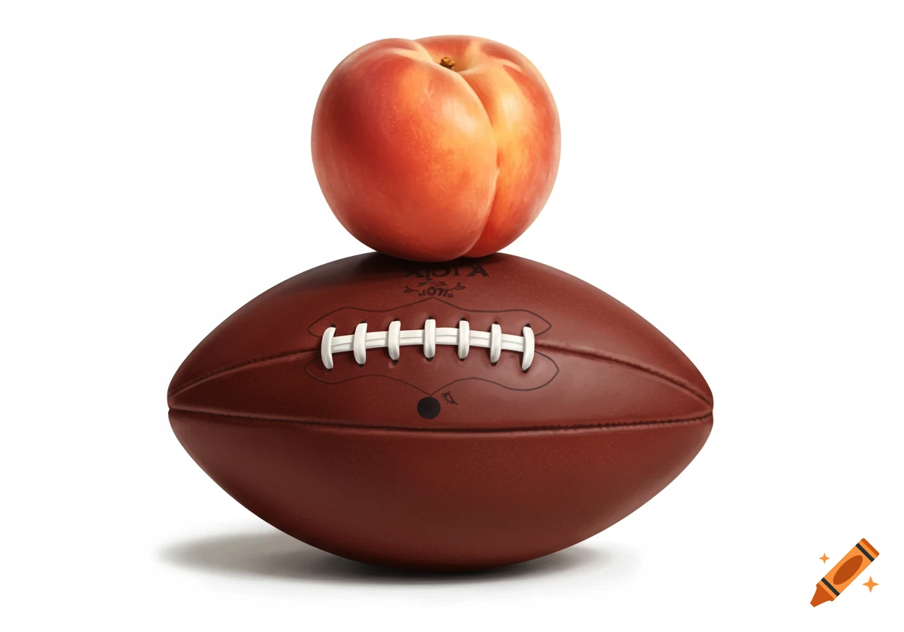 A ripe peach rests on top of a brown American football with white laces, against a white background.