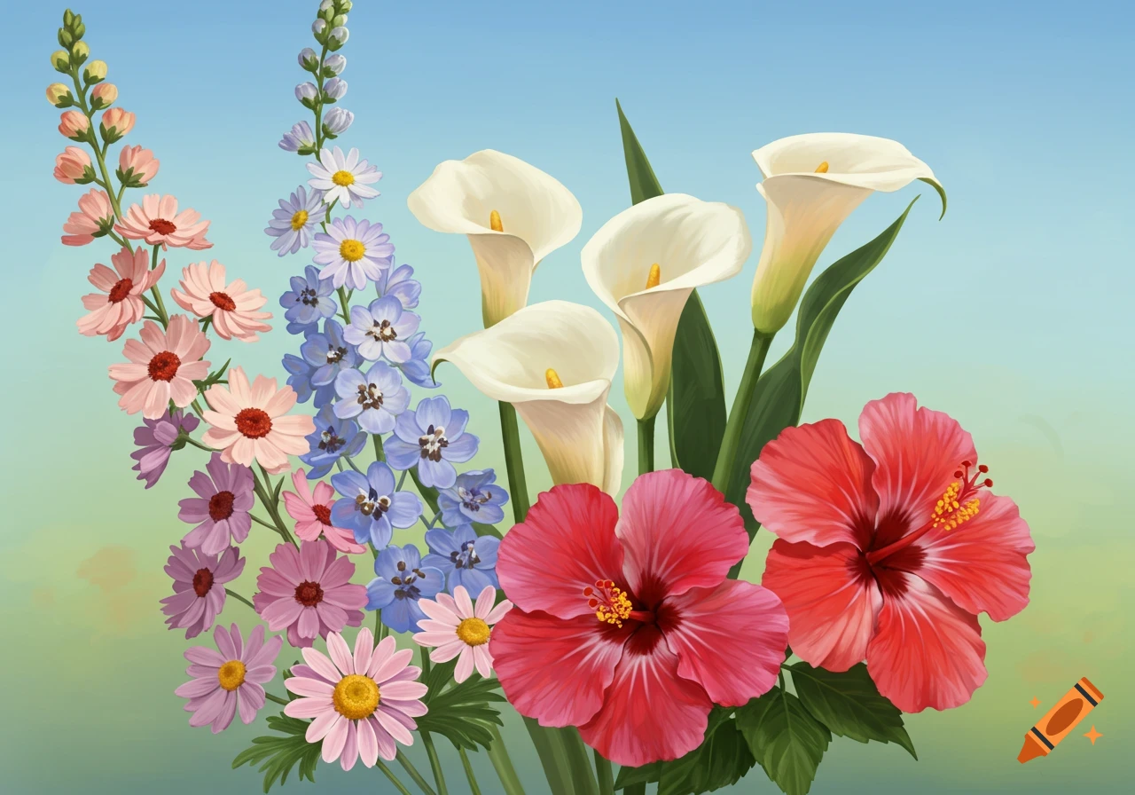 A vibrant arrangement of pink, blue, and white flowers including calla lilies, hibiscus, daisies, and larkspur against a gradient background.