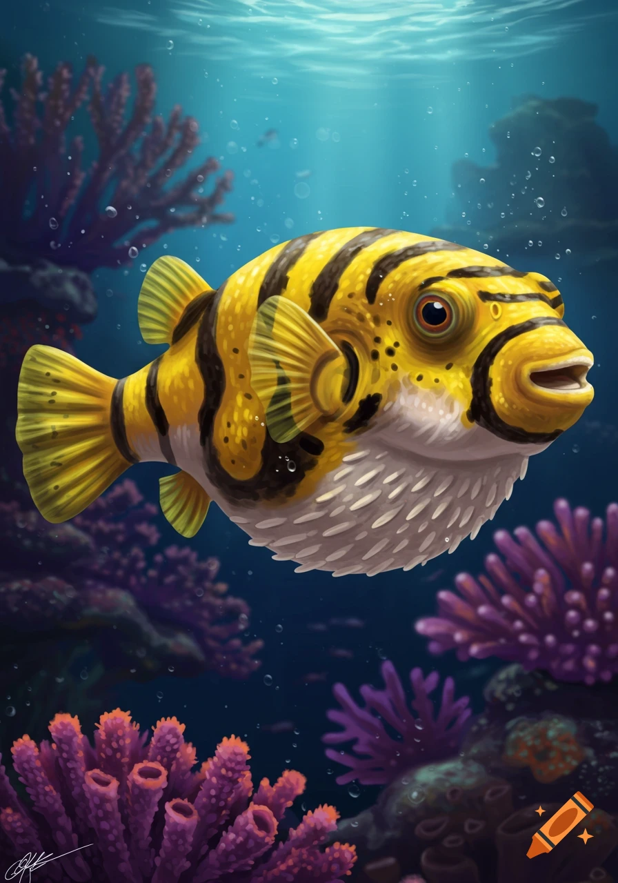 A stylized illustration of a yellow and black striped puffer fish swimming amidst vibrant purple and red coral underwater.