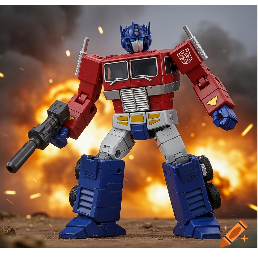 Photorealistic depiction of Optimus Prime standing against a fiery explosion backdrop, holding a gun.