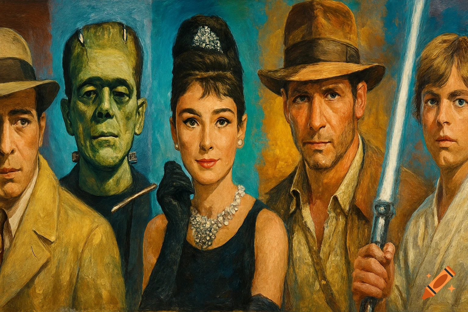 Oil painting of five iconic movie characters: Bogart, Frankenstein, Hepburn, Indiana Jones, and Luke Skywalker.