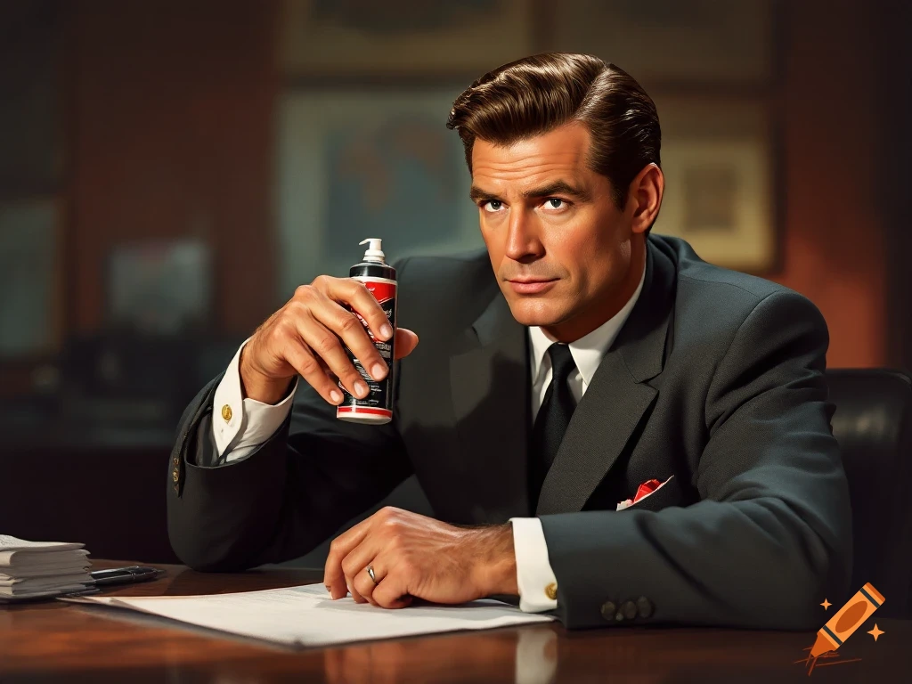 A distinguished man in a suit holds a product bottle while seated at a desk, in a vintage photorealistic style.