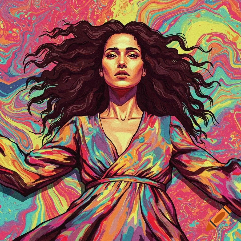A stylized portrait of a woman with long dark hair, wearing a colorful patterned dress against a vibrant psychedelic swirling background.