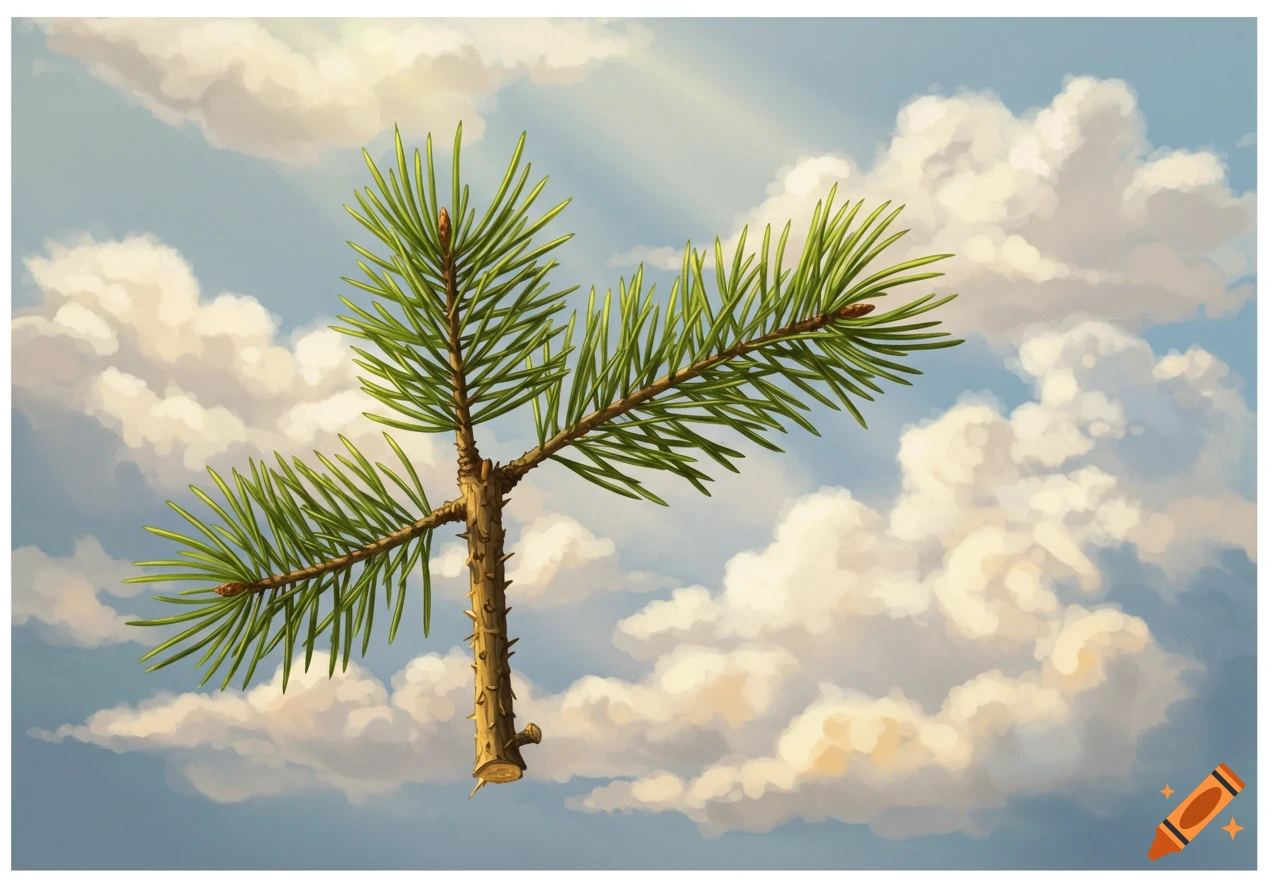 An illustrative image of a freshly cut pine branch with green needles and brown bark, floating against a blue sky filled with fluffy white and golden clouds.