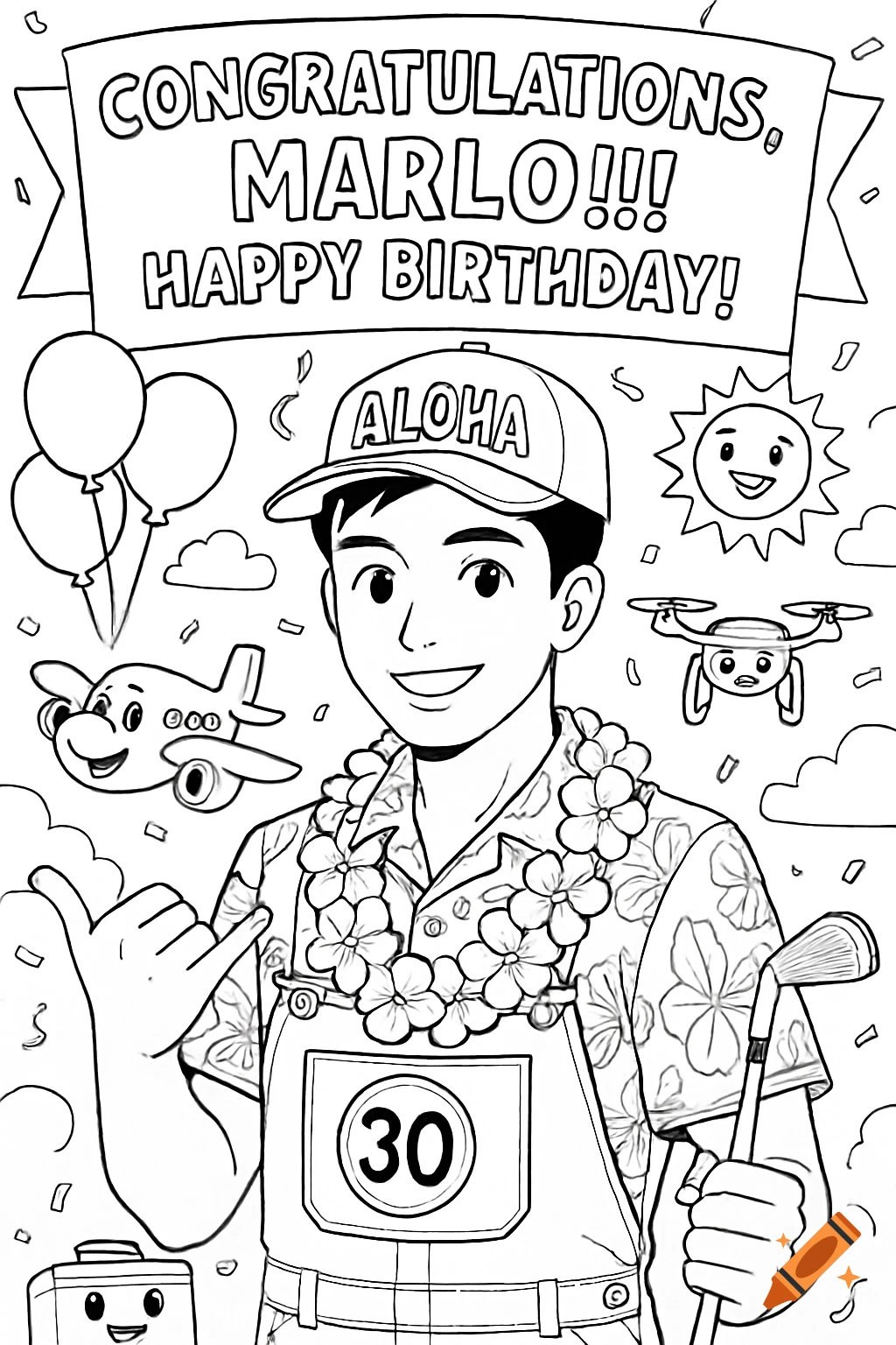 Black and white anime-style coloring page of Marlo in a Hawaiian shirt, lei, and hat, with birthday banner, plane, drone, and sun.