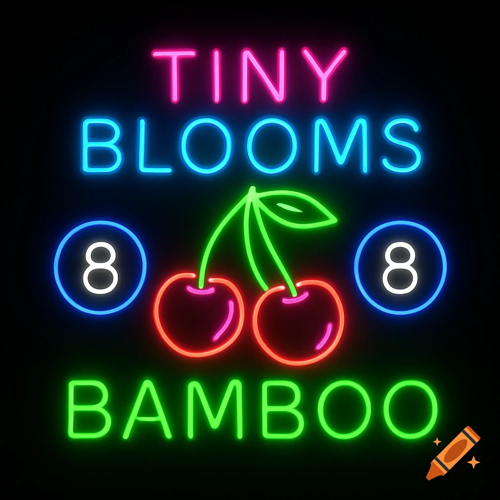 A vibrant neon sign displaying the words 'TINY BLOOMS BAMBOO' in pink, blue, and green, flanked by two cherries and two 8-balls.