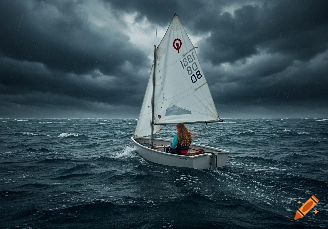 A person sailing a small boat on a stormy ocean with dark clouds and rain. Photorealistic style.