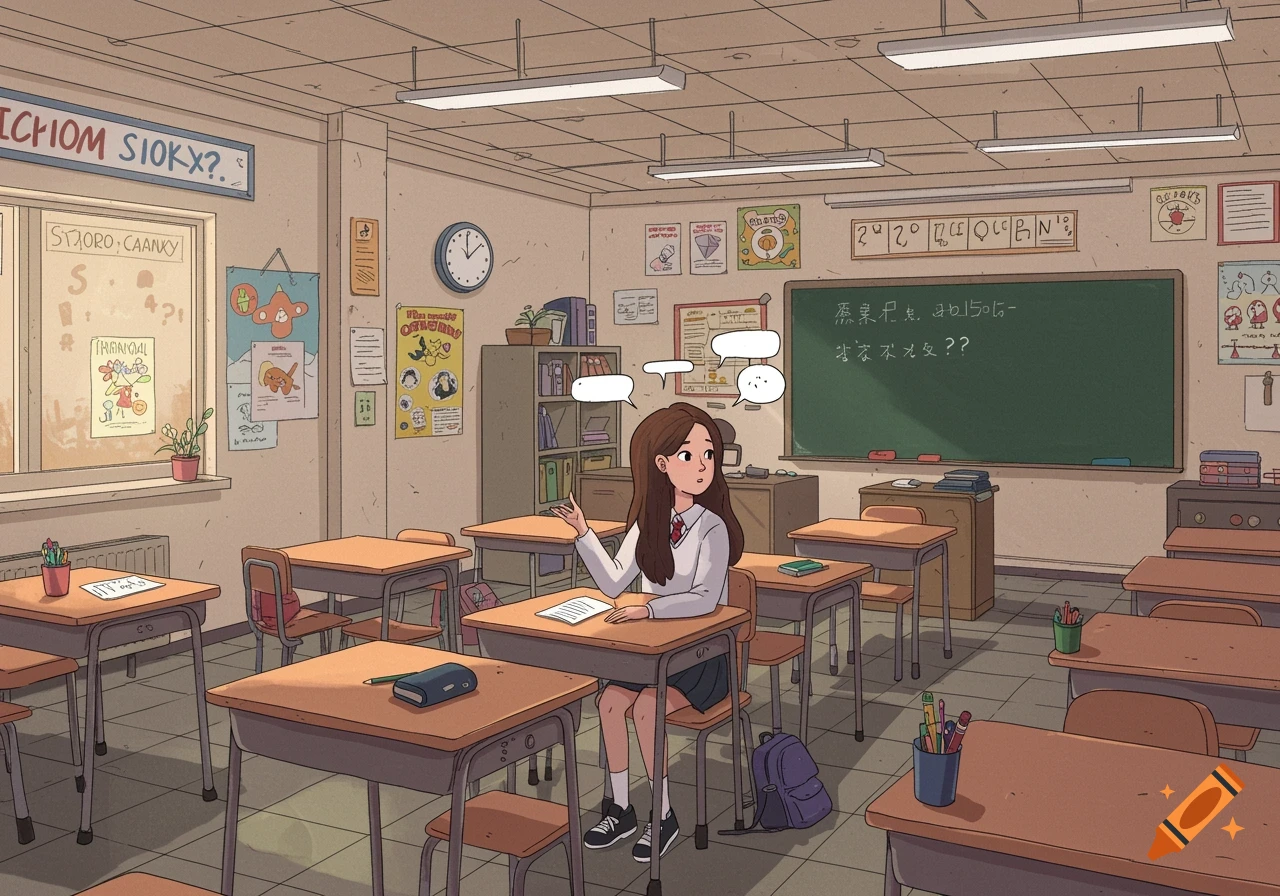 Cartoon of a dark-haired female student sitting at a desk in a classroom, raising her hand.