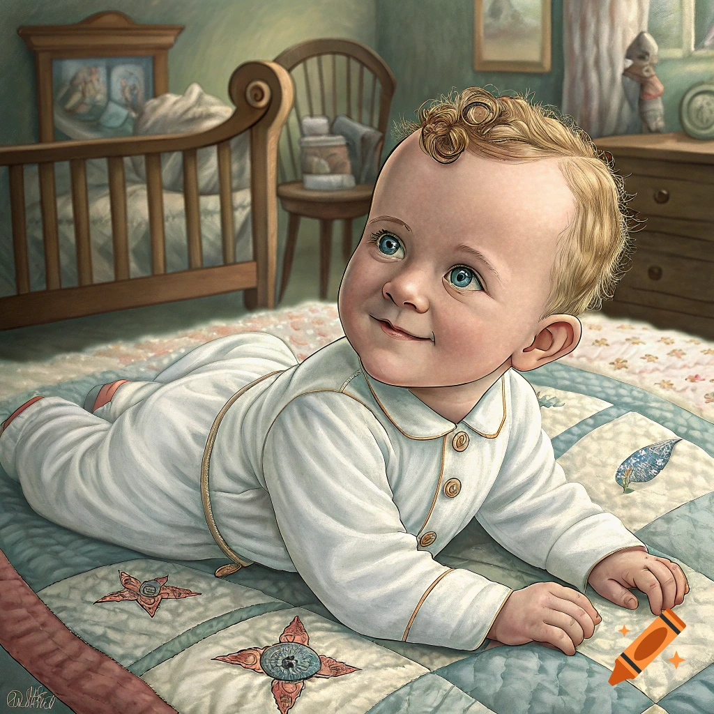 An illustrated baby with blonde curly hair and blue eyes lies on a colorful quilt, looking up. A wooden crib is in the background.