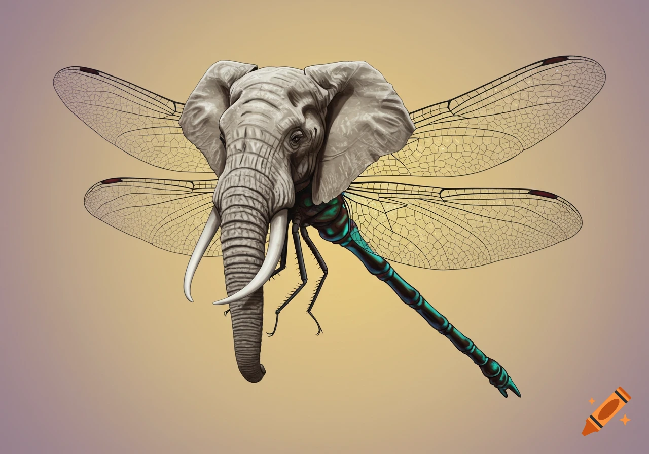 An illustration of an elephant head on a dragonfly body with intricate wings and legs, against a gradient background.