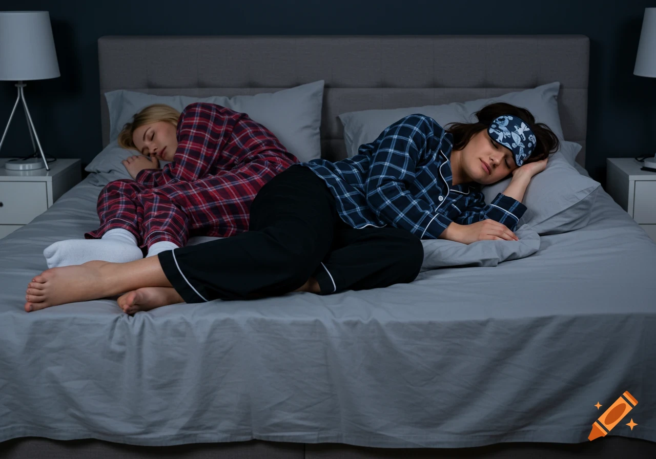 A blonde woman in red pajamas and a brunette woman in blue pajamas and an eye mask sleep in bed at night.