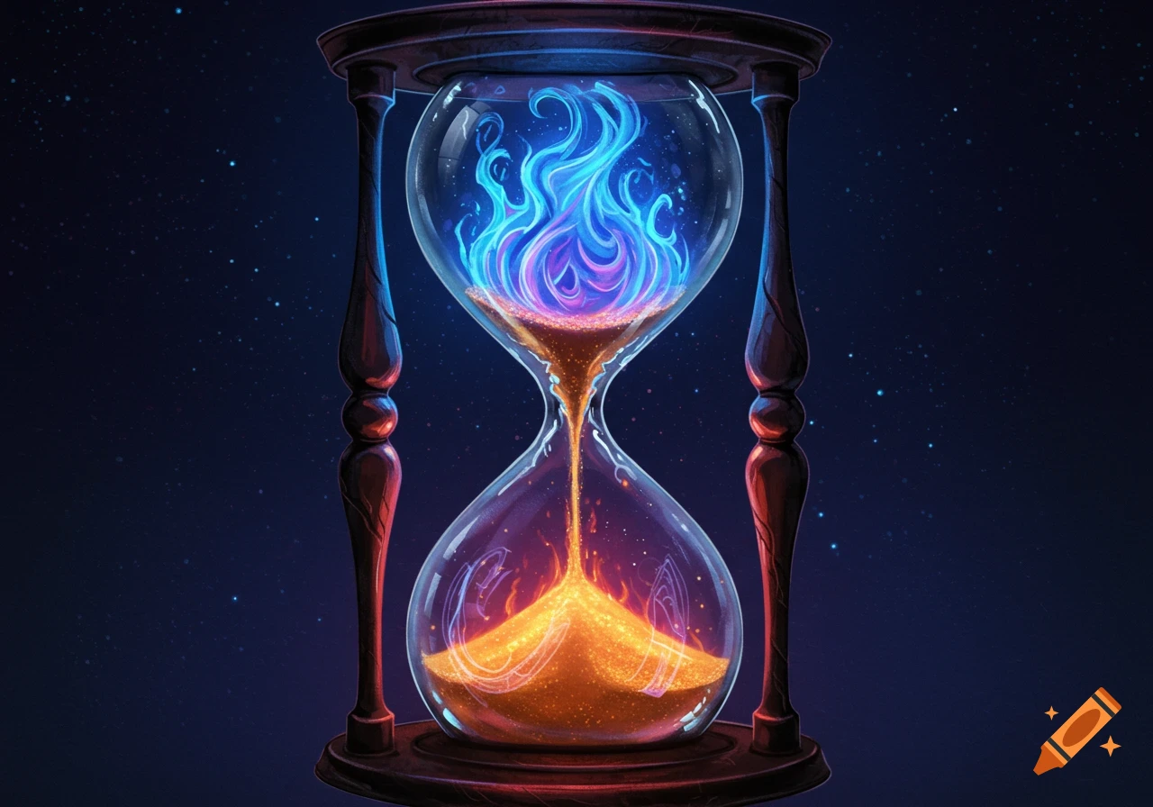 A magical hourglass with blue flames in the top chamber and glowing golden sand flowing to the bottom, set against a starry night sky.