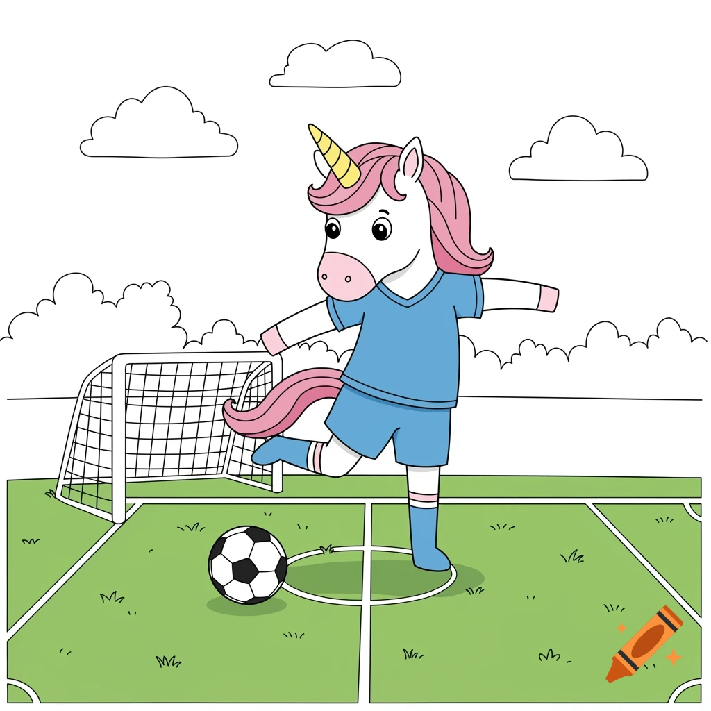 A cartoon unicorn wearing a blue soccer uniform kicks a soccer ball on a green field with a goal in coloring book style.