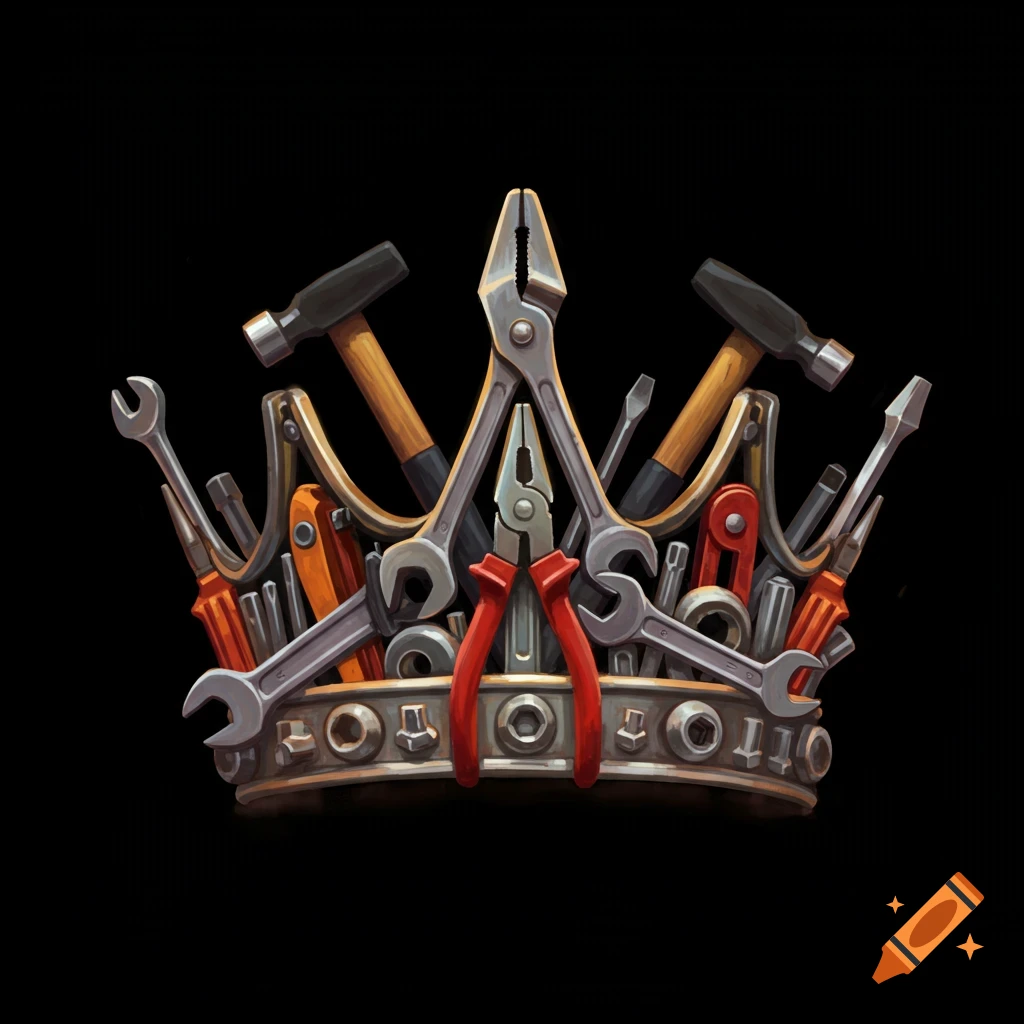 A detailed illustration of a crown made from various metal tools like wrenches, hammers, and pliers, on a black background.