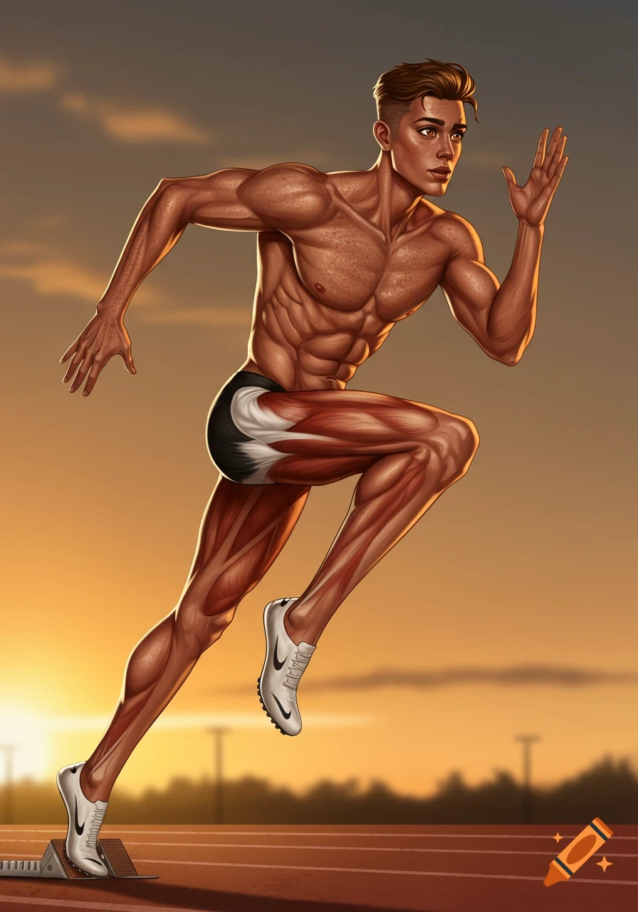 A stylized illustration of a muscular male runner in an athletic pose on a track, ready to sprint at sunset.