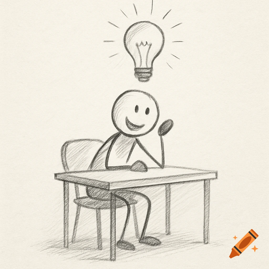 A pencil sketch of a happy stick figure sitting at a desk with a glowing lightbulb above their head, symbolizing an idea.