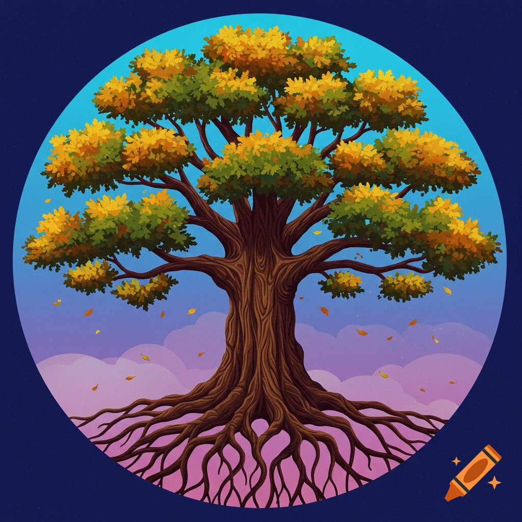 Stylized illustration of a large tree with exposed roots and autumn leaves in a circular frame against a sky background.