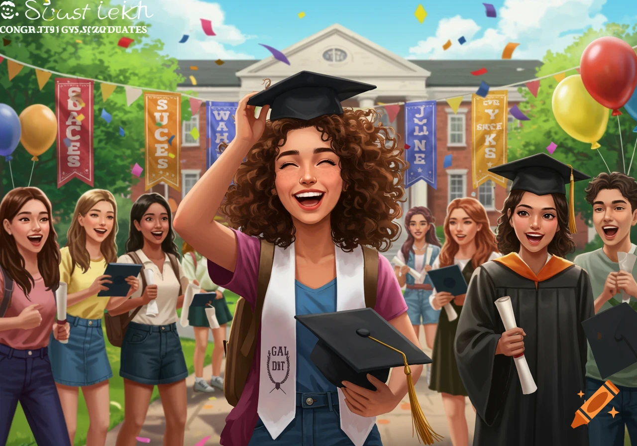 Group of cheerful cartoon students celebrating graduation on a sunny campus, with one student in the foreground holding a graduation cap and smiling broadly.