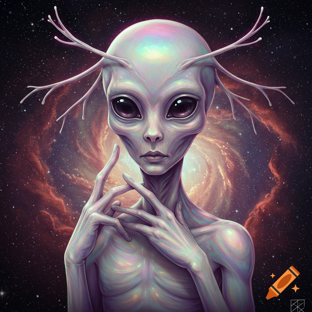A grey alien with large dark eyes and branch-like antlers stands in front of a swirling galaxy and colorful nebula.