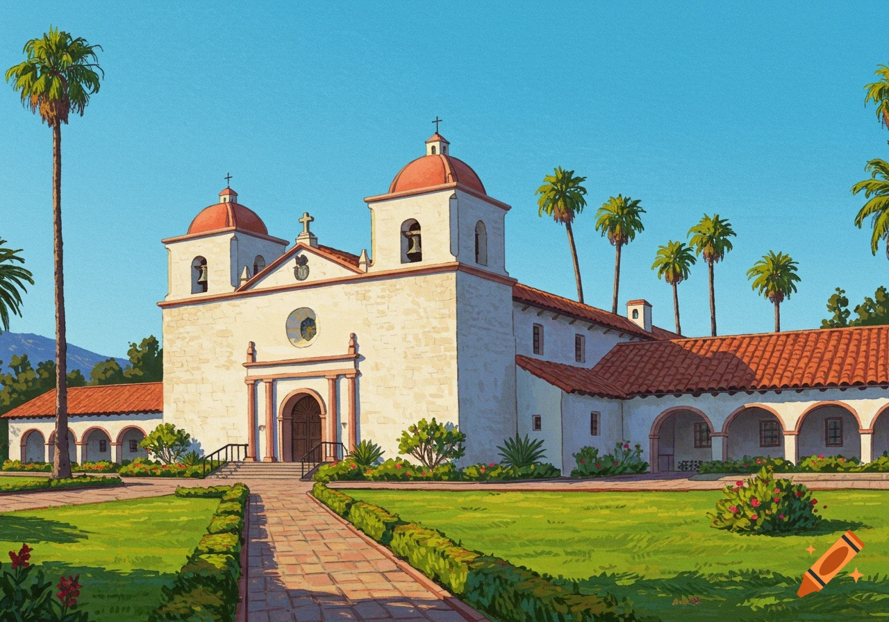 A painterly depiction of the Santa Barbara Mission, a white building with red domes and tiled roofs, surrounded by green lawns and tall palm trees under a clear blue sky.