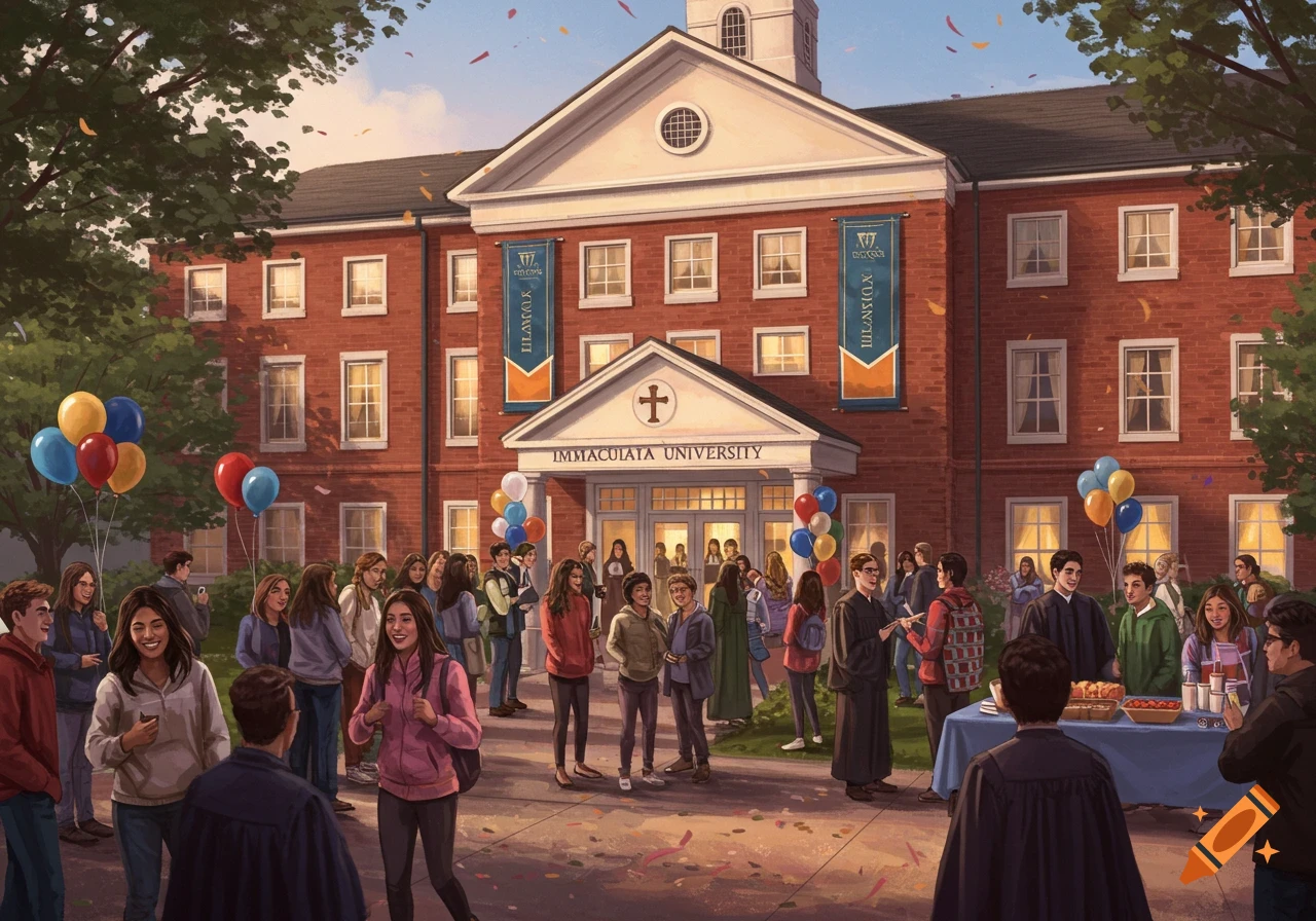 An illustration of a vibrant university campus, featuring a red brick building labeled "Immaculata University" and many diverse students gathering outdoors.