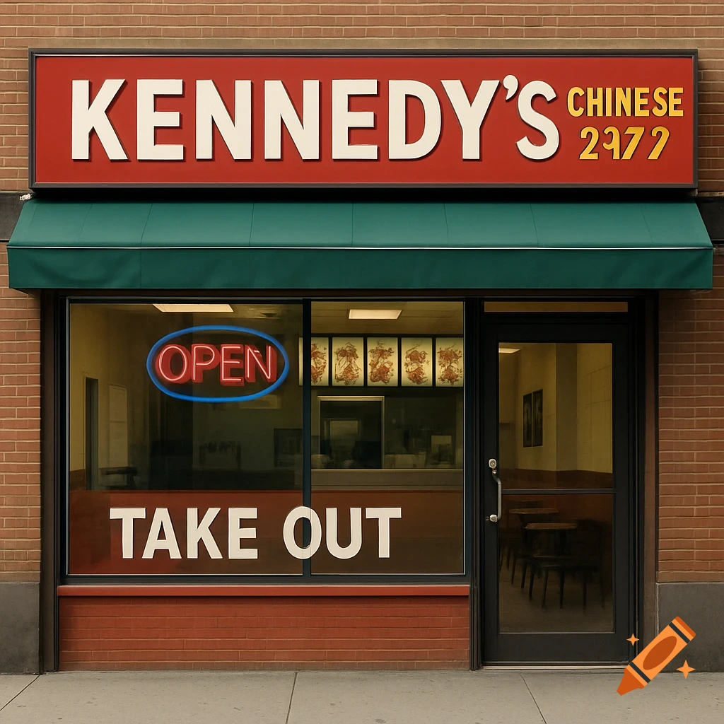 A photorealistic image of a Chinese takeout storefront named Kennedy's, with an open sign and "TAKE OUT" on the window.