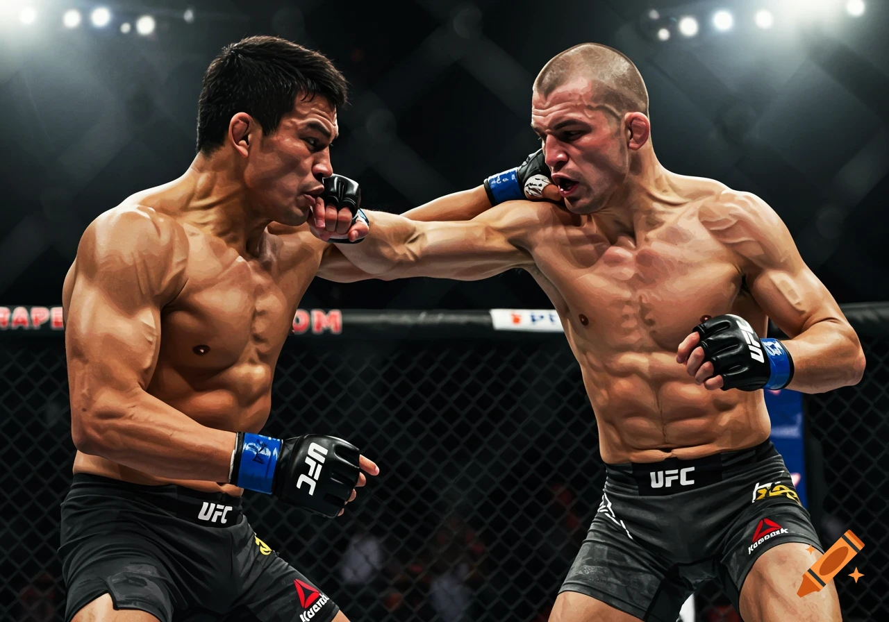 Two muscular male MMA fighters engage in a close-quarters fight inside an octagon, one throwing a punch.