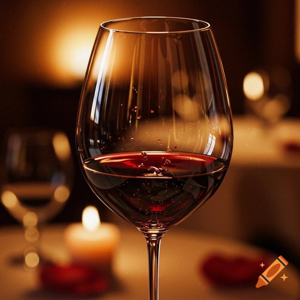 A close-up, photorealistic image of a glass of red wine on a dimly lit table with blurred background elements including a candle.