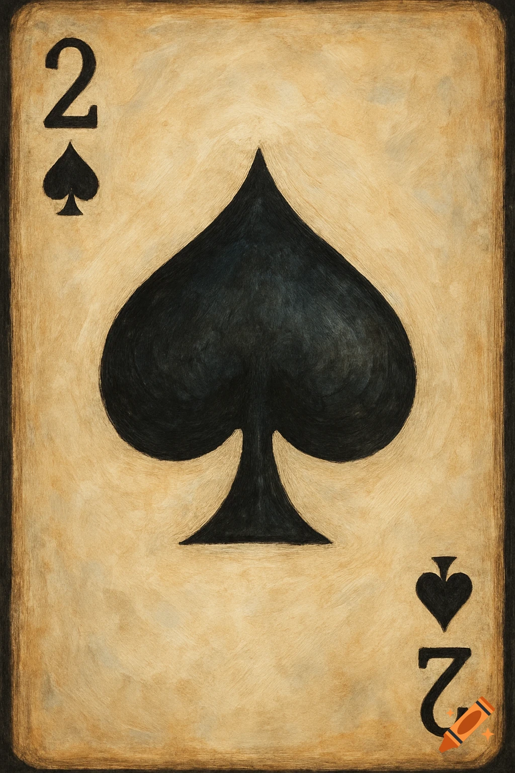 An aged, painterly playing card featuring a large black spade symbol in the center and the number two in the corners.