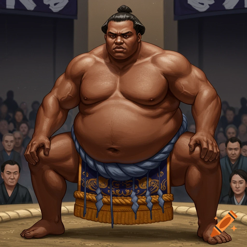 An illustration of a large, muscular Black sumo wrestler in a mawashi, crouched in a sumo ring with spectators in the background.
